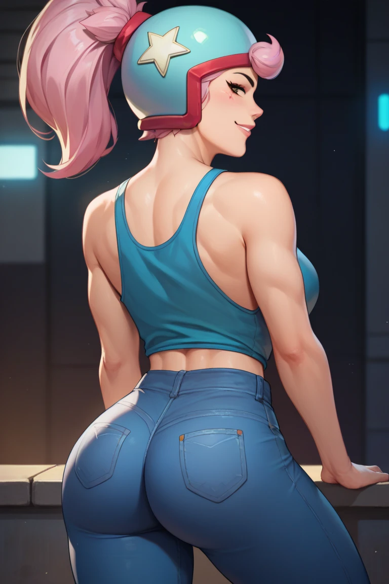 masterpiece, best quality, 25 years old beautiful woman, long hair, (mature face:1.4), 1woman, solo, crop top, denim shorts, choker, (from behind:1.4), plumb ass, thick thighs, thin waist, (graffiti:1.5), paint splatter, arms behind back, against wall, looking at viewer, armband, thigh strap, paint on body, head tilt, bored, multicolored hair (pink, blue), aqua eyes, headset, ( (cameltoe ))
