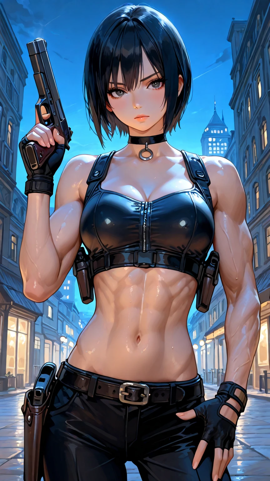 1girl, highres, sharp focus, pixiv masterpiece, (((intricate details)), highly detailed,exquisite fanart highly detailed, commission for high resolution, one eye, detailed eyes, pale skin, fair skin, short hair, black hair, cat eyes, muscular!,abdomen, pointed ear, vampire, costume: sportswear, calvin klein, calvin klein style panties, calvin clein style sports bra, cleavage, underboob, joy ride style,  ilya kuvshinov,Anime Moe Artstyle, Female anime character, Anime character,