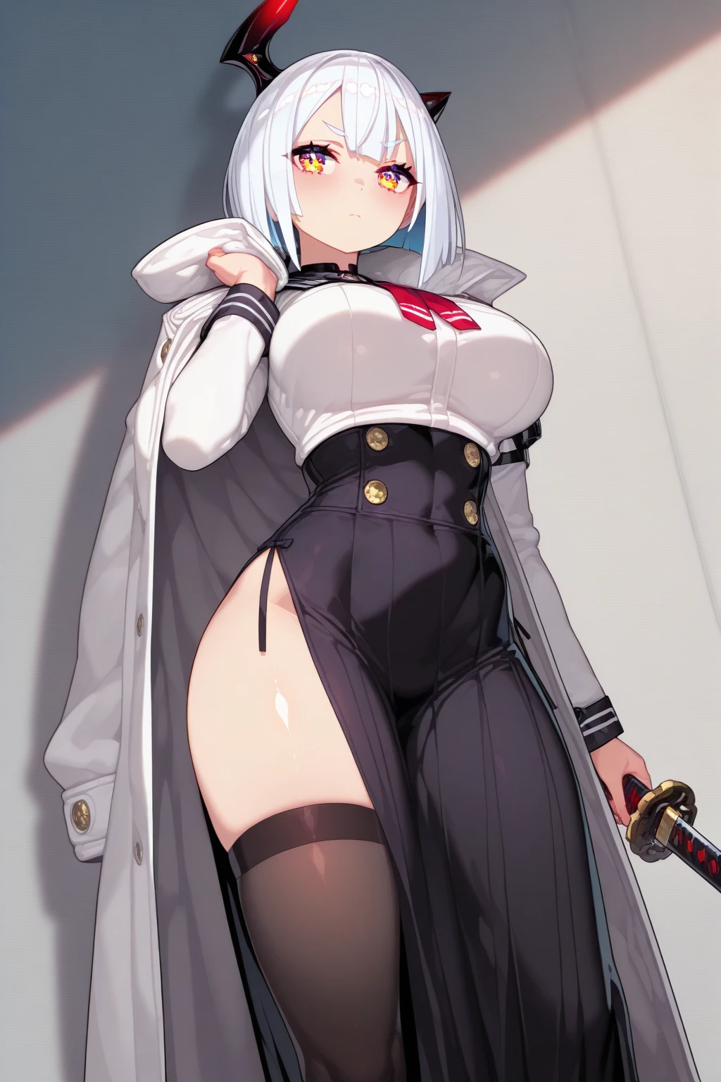 score_9, score_8_up, source_アニメ,Big Breasts,kiwi-default,purple eyes,empty eyes,grey hair,,stockings,High leg,latex,tie,garter belt,Reverse Bunny Suit,bikini,High heels,Heavy breathing,gloves,Wet and see-through,Areola,Pussy juice,Plump,front view,Used condom belt