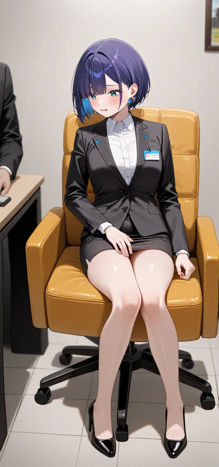 Unbeatable masterpiece, ultra realistic 8k cg, Perfect artwork, perfect women figure,dramatic shadow,Ray tracing),(stewardess:1.2),(Flight attendant outfit:1.2),(mini-skirts:1.2),(blackstockings:1.2),(short detailed hair:1.4),in a office,seen from the side,Leaning against the table,(Being touched by an old man in a suit:1.5),Her clothes were untied,Disheveled clothes,(beautifullegs:1.2),nice leg line,huge tit,fat hips,Desire for sex,Reddened face,weeping,Confused eyes