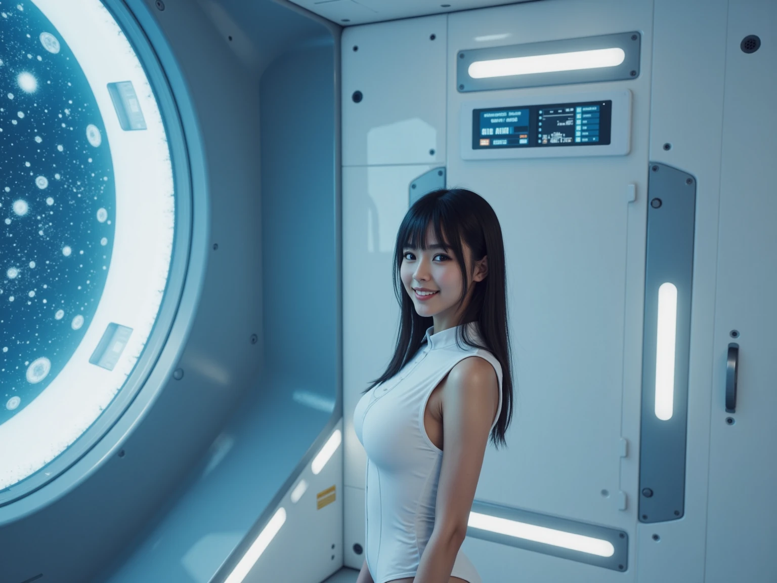 One Girl, Japan model with a smile, A gravure idol with a cute smile, 25 talents, Thin fabric dress, No sleeve, Simple white dress, Shortcuts, Short Bob, Inside a module of the International Space Station, no gravity, The outline shines in the backlight,