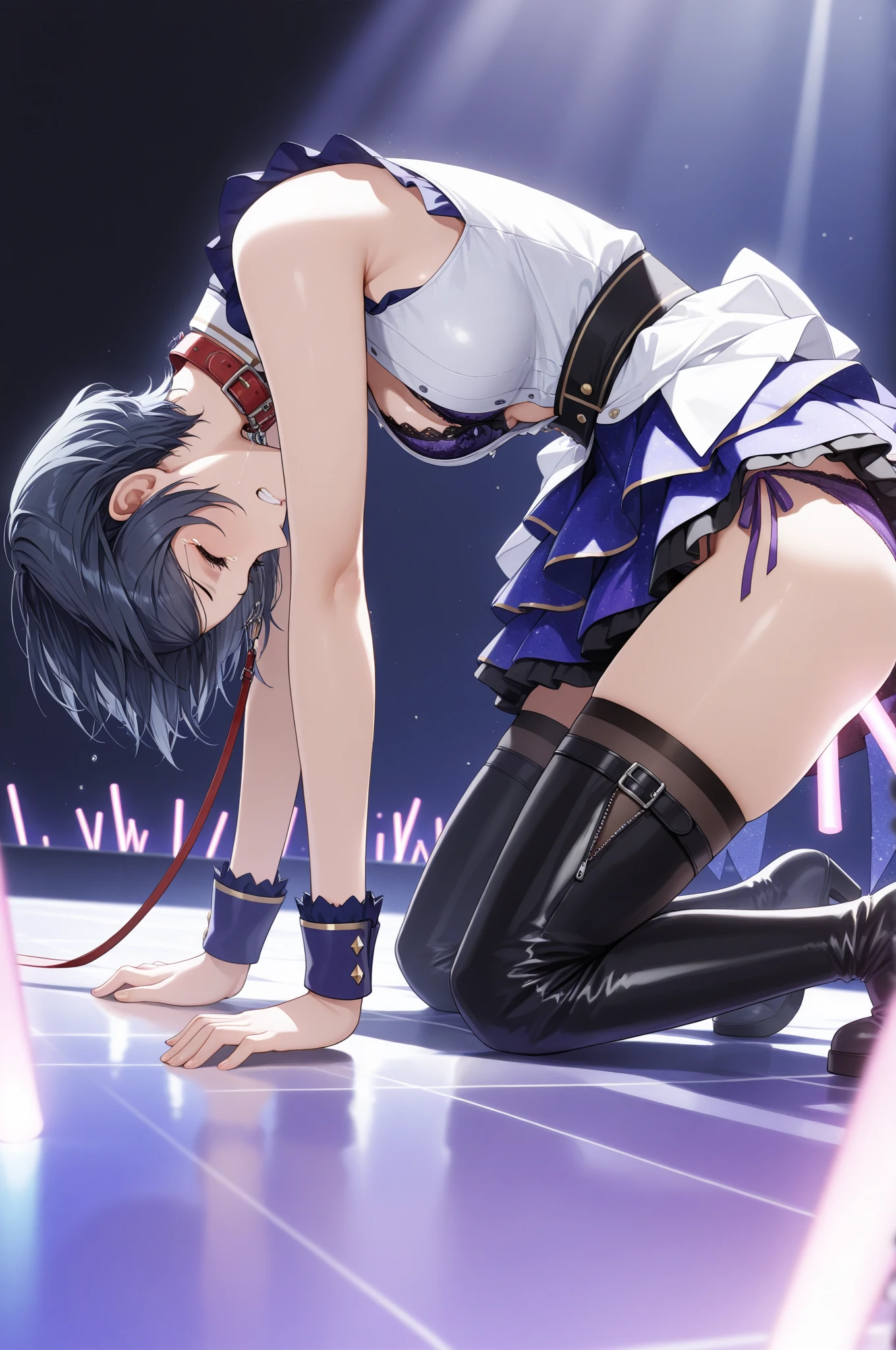 NSFW,(super fine illustration,8k cg wallpaper,highest quality,very detailed,ultra high resolution,best aesthetics),(cowboy shot,from front),BREAK (small breasts:1.2), (slender), (stage,Spotlight:1.5), BREAK idolmaster, {{{anastasia}}}, (15yo,beautiful girl,cute girl),(beautiful blue eyes),(beautiful silver hair), (((extra short hair))),((spiky hair)), ((((mullet hairstyle)))),(wet hair), (wet skin),((((((see-through)))))), (open clothes), breasts, nipples, nipple slip, pussy, pussy slip, no panties,(embarrassed,smile), open mouths,(((one eye closed))),((tongue out)),deep breathing, feel good,indecency,((spread legs)),(open vagina:1.5), (kupaa),(vulgarity), ((squatting)),(((female masturbation:1.9))),(cum shot:1.5),(bukkake:1.9),(look at camera),