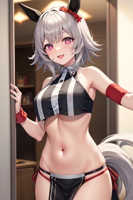 masterpiece, soft shading, perfect anatomy, perfect lighting, perfect focus, vibrant, solo, 1boy, male, silver hair skin, red eyes, femboy, crop top, thong, shorts, sexy clothes, revealing clothes, wolf ears