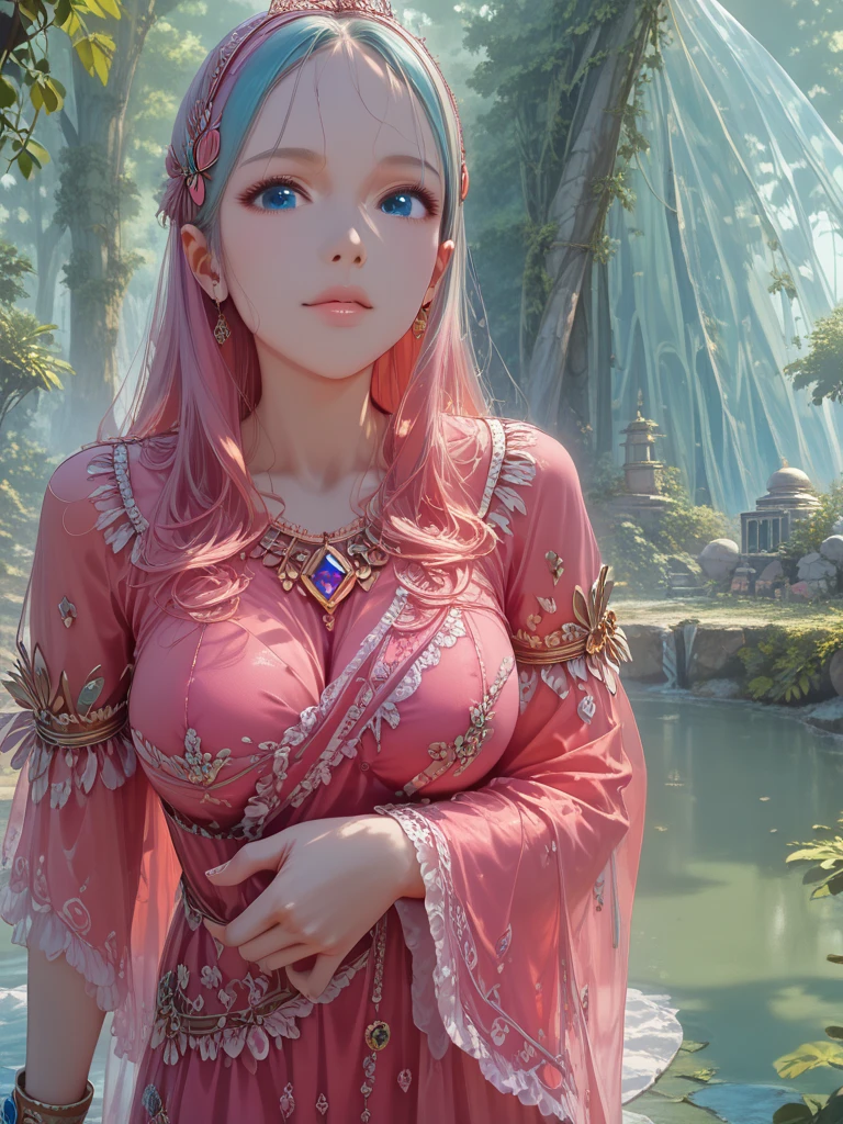 (beautifull lady with very gigantic breast, wear detailed luxury pink hijab, stand near pink sakura tree) , (detailed pink kebaya), (flower crown), (detailed flower hairpin), expensive detailed flower necklace, (very gigantict:1,9), beautifull pink sakura tree, detail sakura tree, detail pink flower field, detail pink flower background, beautifull face, pretty face, beautifull eyes, beautifull nose, sexy lips, pink nails, raytracing, nsfw, beautifull fingers, beautifull hands, sexy belly, sexy body, sexy shoulders, sexy legs, sexy hips, (luxury bracelet), (luxury ring), (luxury earring), (luxury necklace), black nails , blue eye, (4 fingers in 1 hand), white skin, full body picture, pretty makeup, sfw