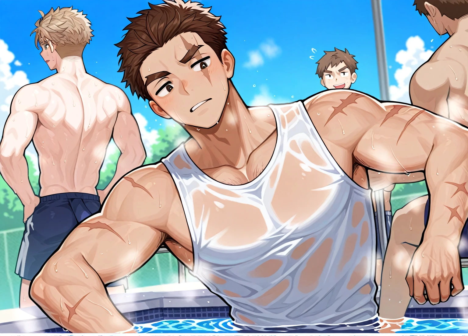  nsfw,glamorous, flushed face,blush,in the hot spring,looking at viewer, standing,towel,((surround many boys))