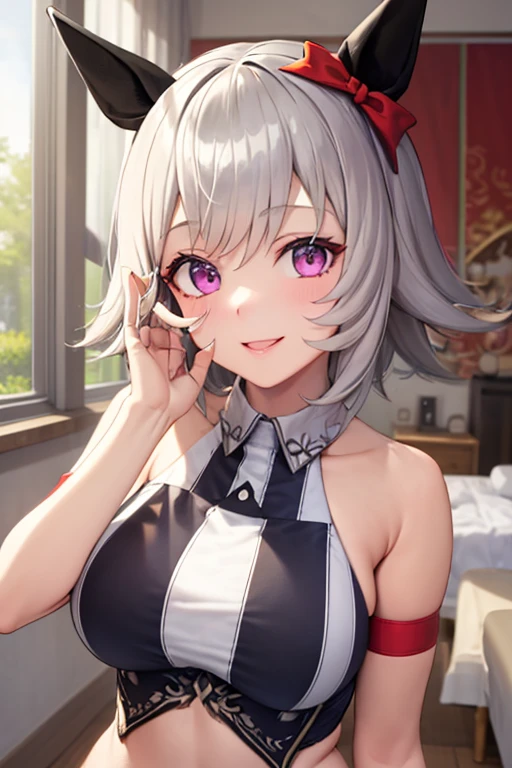 top-quality、Full limbs、complete fingers、curren chan \(umamusume\)、one beautiful women、Beautiful busty woman、bunnygirl、((A woman wearing a black bunny girl leotard))、A woman wearing black fishnet stockings、woman wearing a black bow tie、casino、pokies、roulette、Naughty Poses、A big smile