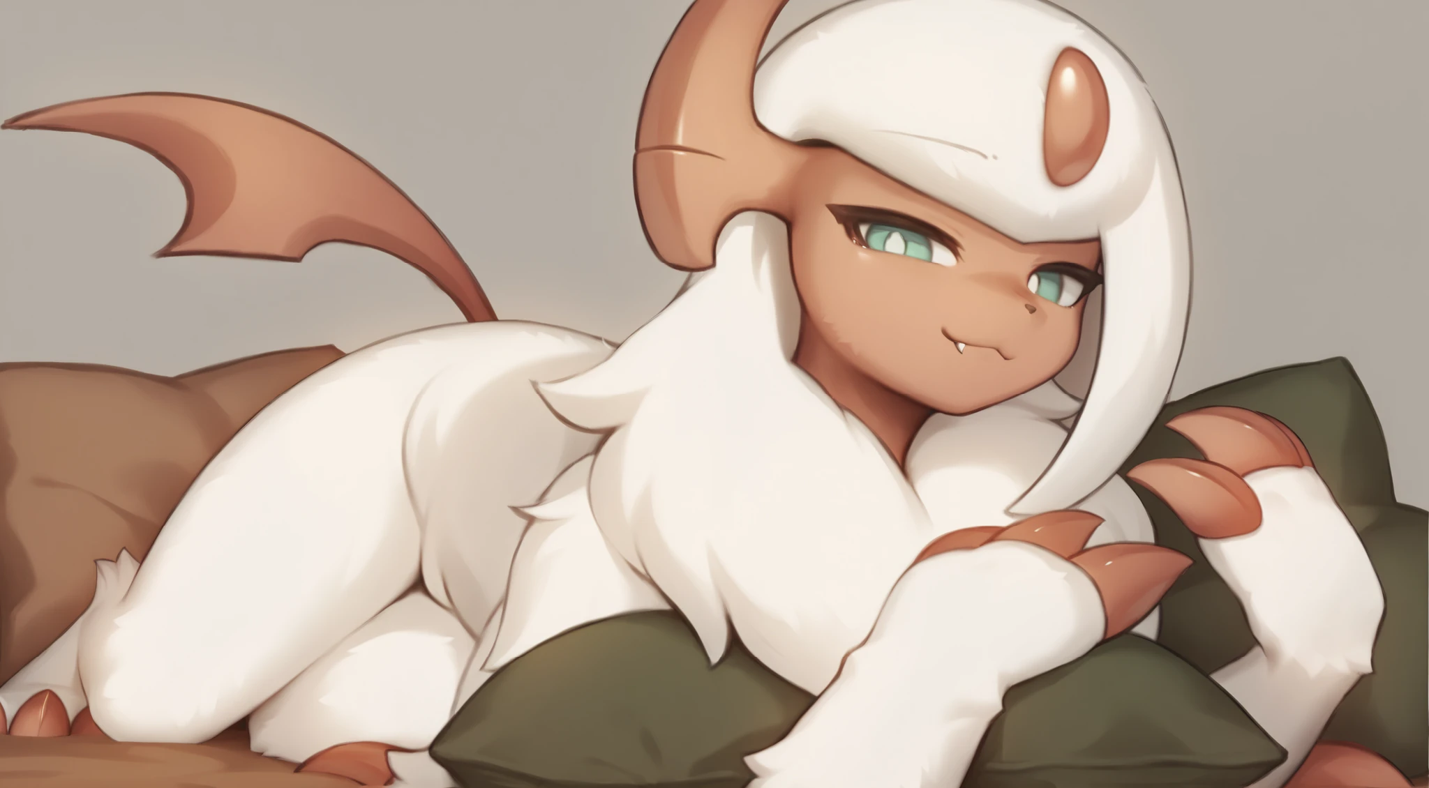 (((pupilas brancas))), (alta qualidade, high resolution, obra prima), Pokemon \(criatura\), absol shiny/macho, Light red tail, pearl from the forehead light red, White body hair, olhos verde claro, pupilas brancas, light red facial skin, light red claws, Light red horns, pelo branco,  a lot of hair on her /, sozinho, quarto, dormindo, cama grande, hugged with a long pillow, Smile in the shape of 3,  expression, do autor: Zinfyu