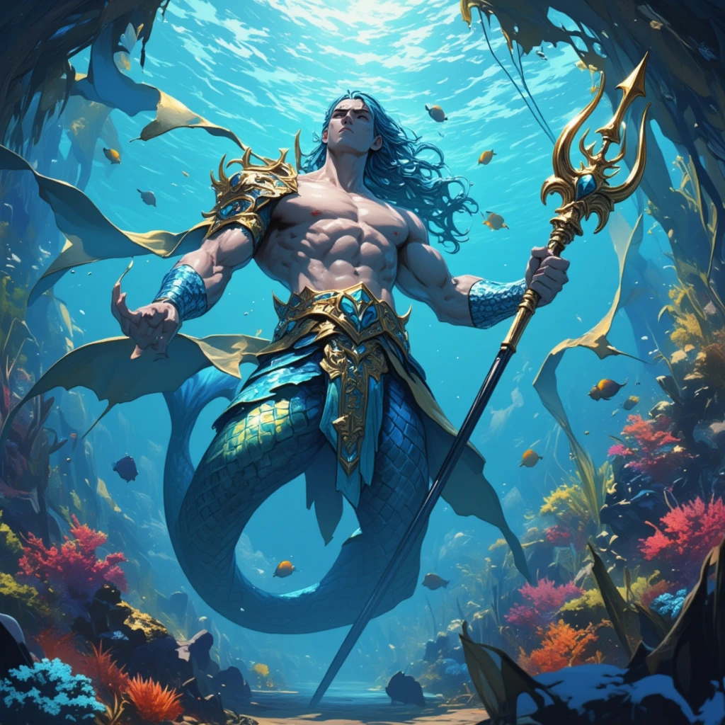 (superfine illustration, Best Quality, Ultra-detailed, Correct delineation, medieval fantasy), (merfolk under deep sea, male focus, solo, athletic, scale skin, dark blue skin, webbed fingers, Perfect hands,:1.5), look at viewer, deep seabed as background, bubbles,