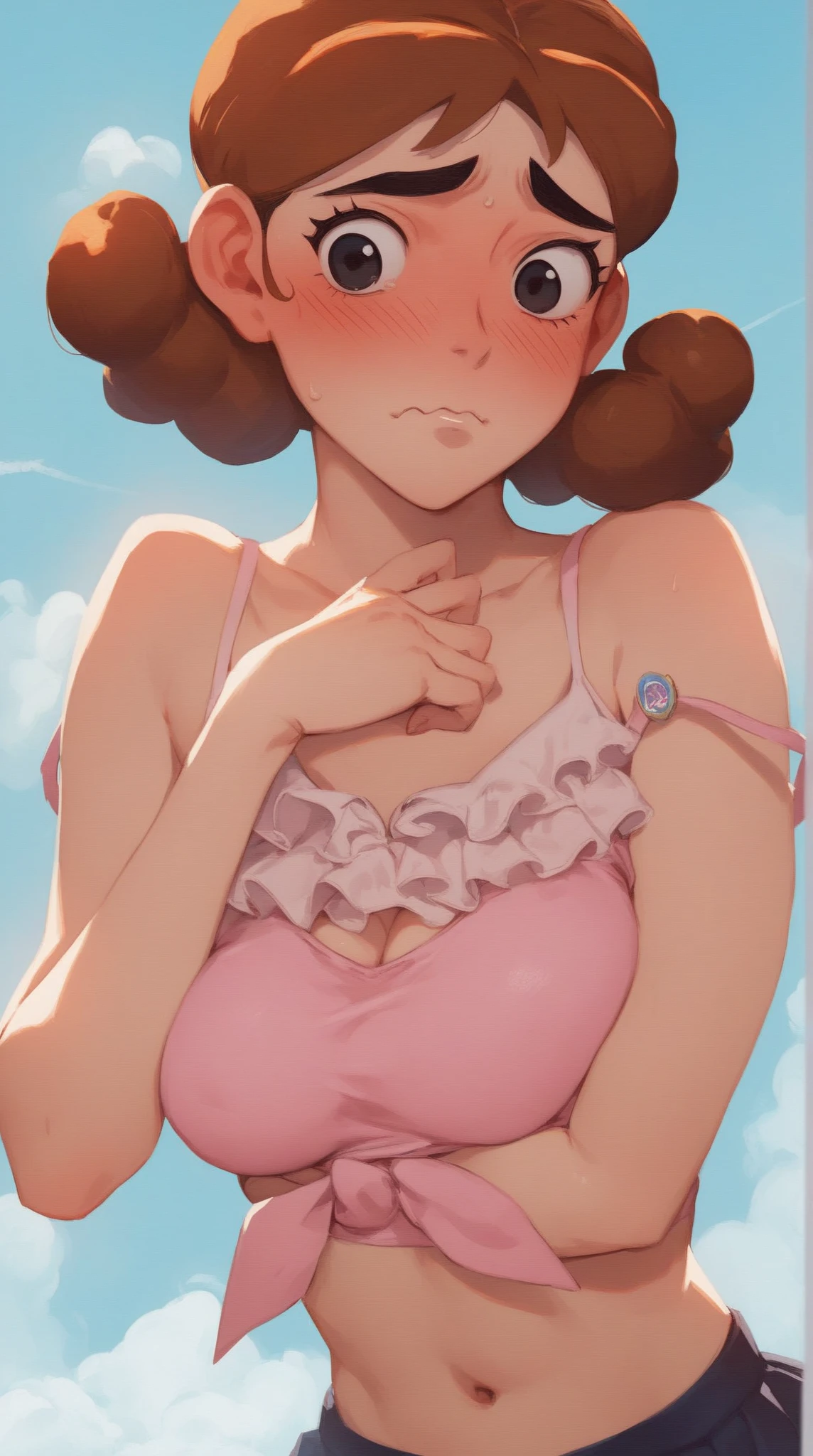 One girl, curly hair, green eyes, wet shirt, transparent, nipple, NSFW