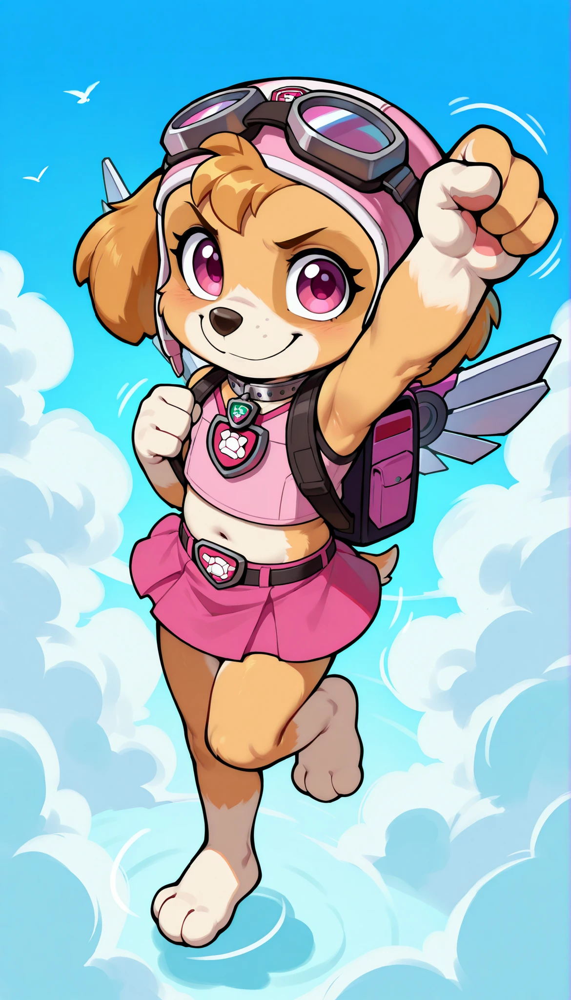score_9, score_8_up, score_8, 1girl, source_cartoon, source_furry, skyepp, dog, furry, toddler, skye, paw patrol, cute face, 4 fingers, ((goggles, pink pilot hat, Skye collar, pink top, midriff, pink mini skirt)), clear sky on background, clouds, confident face, skinny, thin body, full body, feets with three toes, flying with mechanical wings on backpack, fly pose, one arm up, high angle view, bird eye view, motion lines, angry, smile, floating, fly effect,