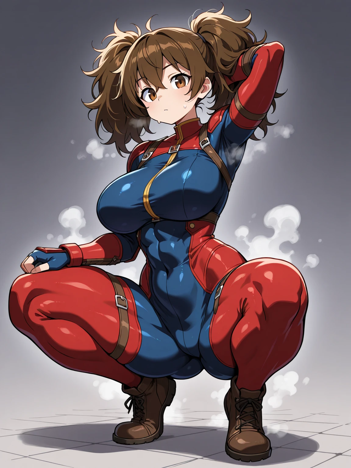 Very detailed, clear, beautiful body, Beautiful nose, Beautiful character design, perfect eyes, perfect face, very high, 4k, Beautiful legs, perfect legs, good hand, perfect hand, Masterpiece, best quality, haveรายละเอียดสูง, illustration, nonsense, perfect anatomy, street fighter, doll set, Chadaloo Doll, doll set, expressionless, empty eyes, look at viewer, red gloves, Emotionless, black Latex, corruption, mind control, female warrior, full body, hypnotized, ความมึนงงที่ไม่haveความสุข, full body suit, Ribbed bodysuit, Both arms are at the sides., obey, perfect woman's body, extremely glossy Latex, hypnosis, Hipnolora, empty eyes, empty eyes, mind control device, Poses, give up_Pose, slave, standตัวตรง, stand, stand up at attention, have, necktie, belt, Latex, Ribbed bodysuit, thigh high, garter belt, fighting posture, Extend your right arm away from your shoulder into the air with your hand straight., soldier, thigh boots, 1 girl, hair accessories, brown hair, medium hair, brown eyes, Low Twintails (((Pixel Perfect, perfect detail))), alone, 1 girl, Aijo Karen, Shōjo☆Kageki Revue Starlight, capes, Holding, Holding_sword, Holding_weapon