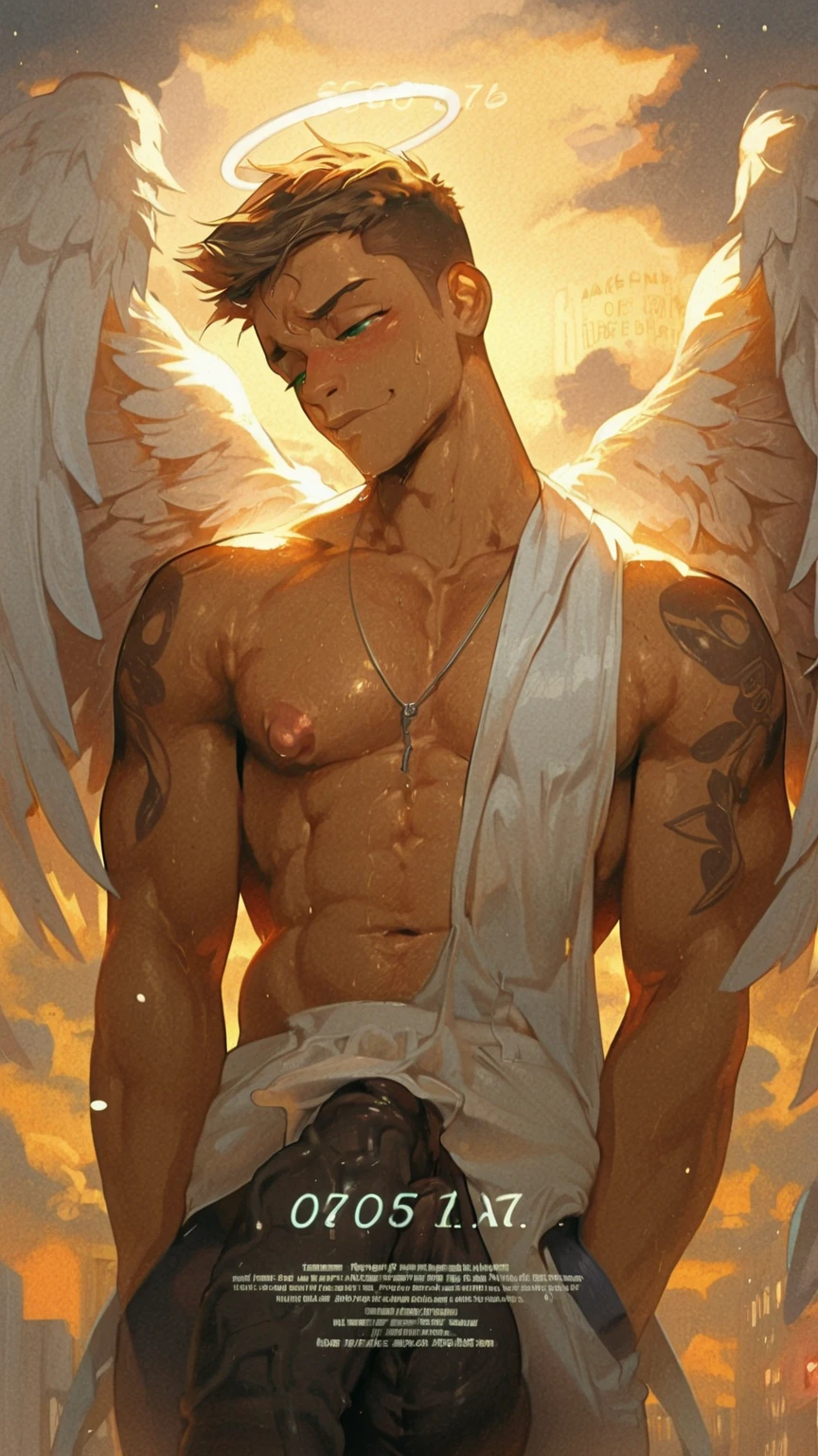 Angel man; open wings; Kale; erect penis; ejaculating; orgasm; lights; dark sky; 8k