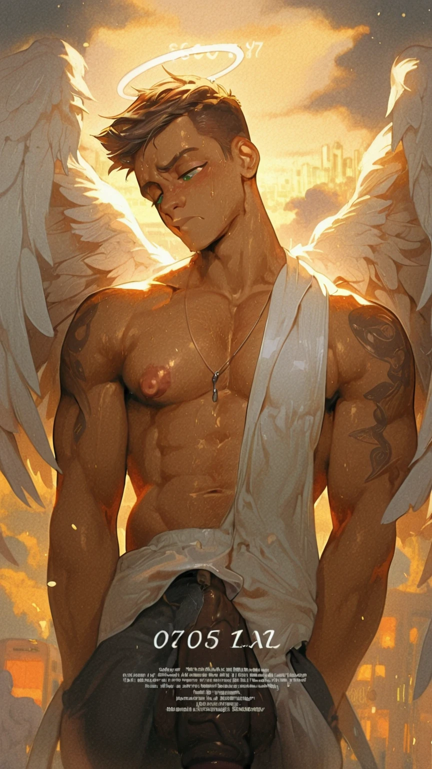 1boy, adult, handsome, perfect face, detailed eyes and face, clean shaved, muscular, capturing a rural atmosphere, dynamic lighting, unreal engine 5, hd picture, satoru gojo, white hair, short hair ,hair between eyes ,blue eyes, white skin, milk pink nipple details, Angel wings, clean armpit