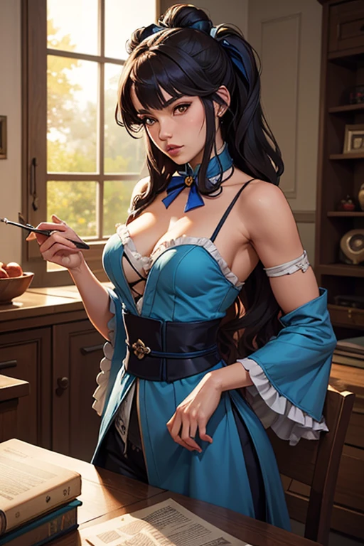 Woman in steampunk costume taking photo, wearing steampunk attire, steampunk fantasy style, (Steampunk), ( Steampunk ), a steampunk beautiful goddess, steampunk beautiful anime woman, Steampunk Girl, Steampunk style, steampunk fantasy, Steampunk, steampunk inventor girl, golden steampunk, steampunc, steampunc, Set in a steampunk world, Vivid steampunk concept, long dark blue hair, Blunt Bangs, purple eyes, Hinata Hyuga