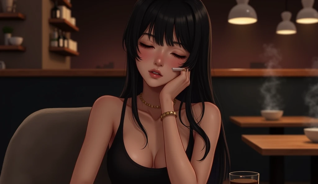 (8K, Ultra-high resolution, best quality, On the table:1.2),(18 years old:1.2)、(Dishonest laughter)、(Look away)、8K、RAW portrait of a Japanese girl、Photorealistic、Ultra-high resolution、Top quality、 (Large breasts, cleveage:1.2),(tank top and no :1.3)、(From below:1.2)、sit on the chair、Cross your arms、(panchira:1.2)、(upscale cafe:1.4) rest (Natural skin texture、Delicate skin、Surrealism、Super sharp)、Intricate details、Depth of Field、Dim Lights、Korean Idol、Nogizaka Idol、Posing gravure idol、actor、Fashion Model Poses、High target