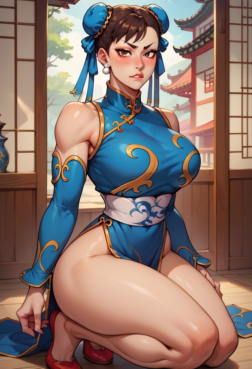 (masterpiece, best quality, ultra detailed, absurdres:1.5), 1girl, (sexy, beautiful woman, perfect face, perfect eyes, perfect female body, toned, medium breasts:1.5), (chun-li_(cosplay), cosplay, spiked bracelet, white sash, pantyhose, china dress, chinese clothes, [blue|pink|red|black|white] dress, mandarin collar, short sleeves, puffy sleeves, white boots, cross-laced footwear, long hair, double bun, <lora:chun-li_(cosplay):1>, covered nipples, <lora:Concept_CoveredNipples:1>), (standing, outdoors, courtyard, chinese dojo in background), perfect lighting, smooth, hdr