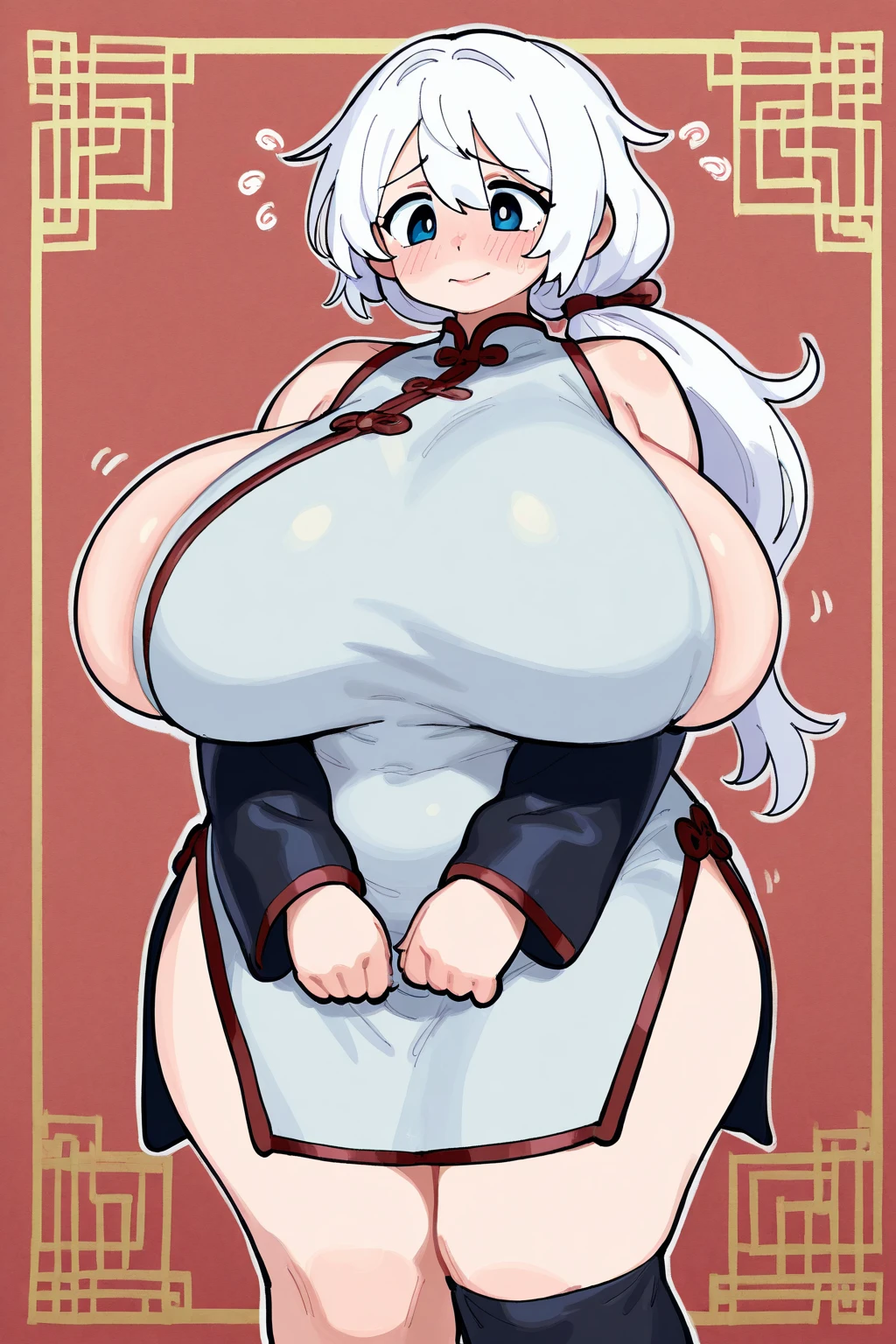 score_9,score_8_up,score_7_up,bachong, solo, 1girl,gigantic breasts, looking_at_viewer, highres, absurdres, outdoor,huge thighhighs, black pantyhose, black bunny suit, wide hip, erect nipples under clothes, blushed, open mouth, embarrased, gigantic nipples, spread nipples, open nipples, large nipples, wide nipples, ((try to cover nipples with hands)), high heels, crouched, hanging breast