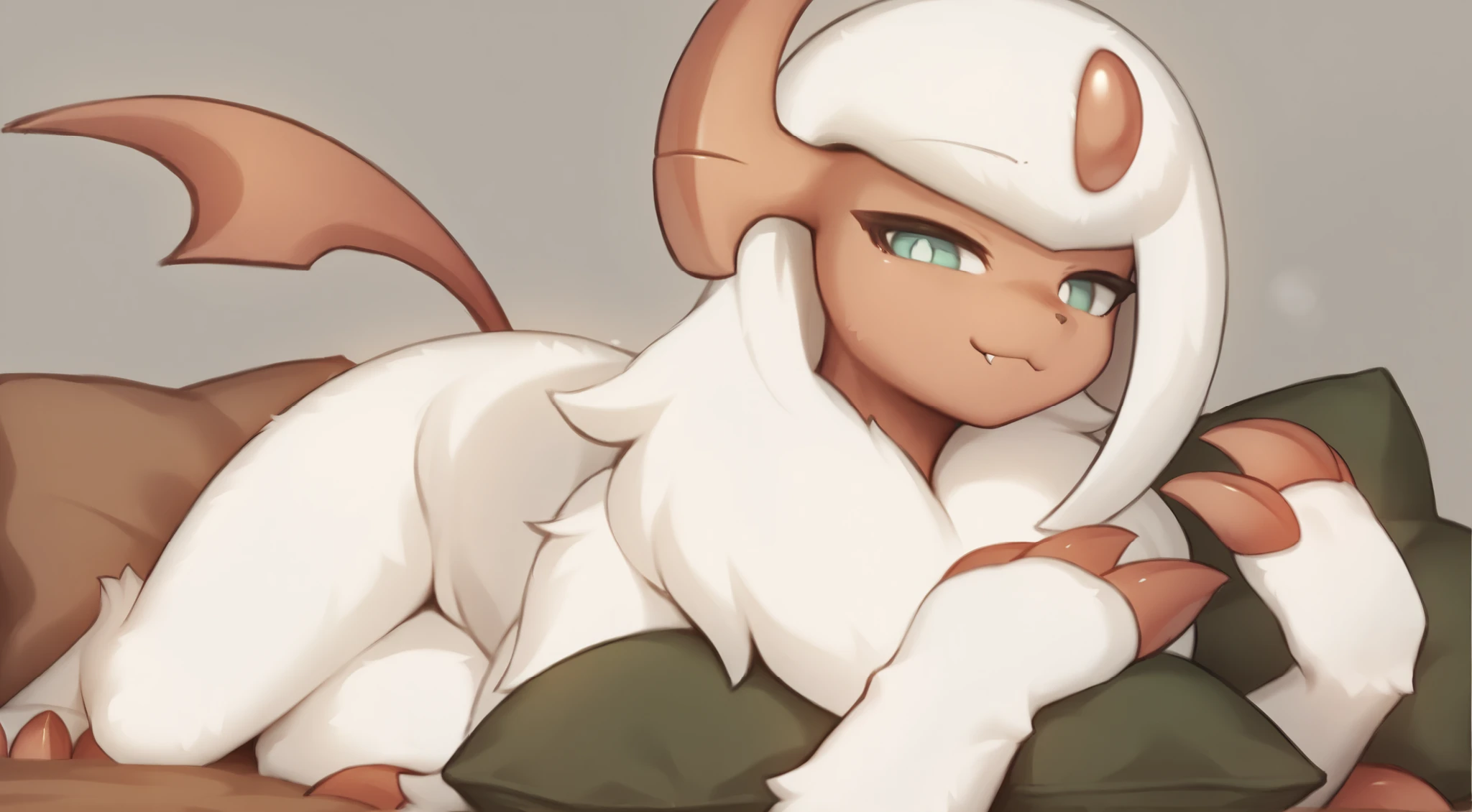 (((pupilas brancas))), (alta qualidade, high resolution, obra prima), Pokemon \(criatura\), absol shiny/macho, Light red tail, pearl from the forehead light red, White body hair, olhos verde claro, pupilas brancas, light red facial skin, light red claws, Light red horns, pelo branco,  a lot of hair on her /, sozinho, quarto, dormindo, cama grande, hugged with a long pillow, Smile in the shape of 3,  expression, do autor: Zinfyu