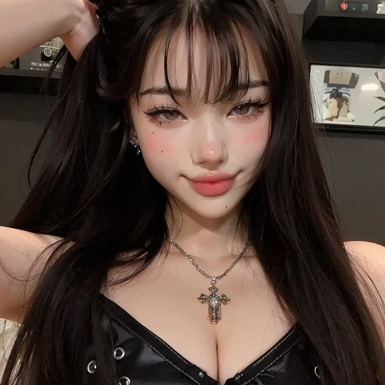 beautiful woman doing ahegao,clear eyes ,gothic style ,Chubby face