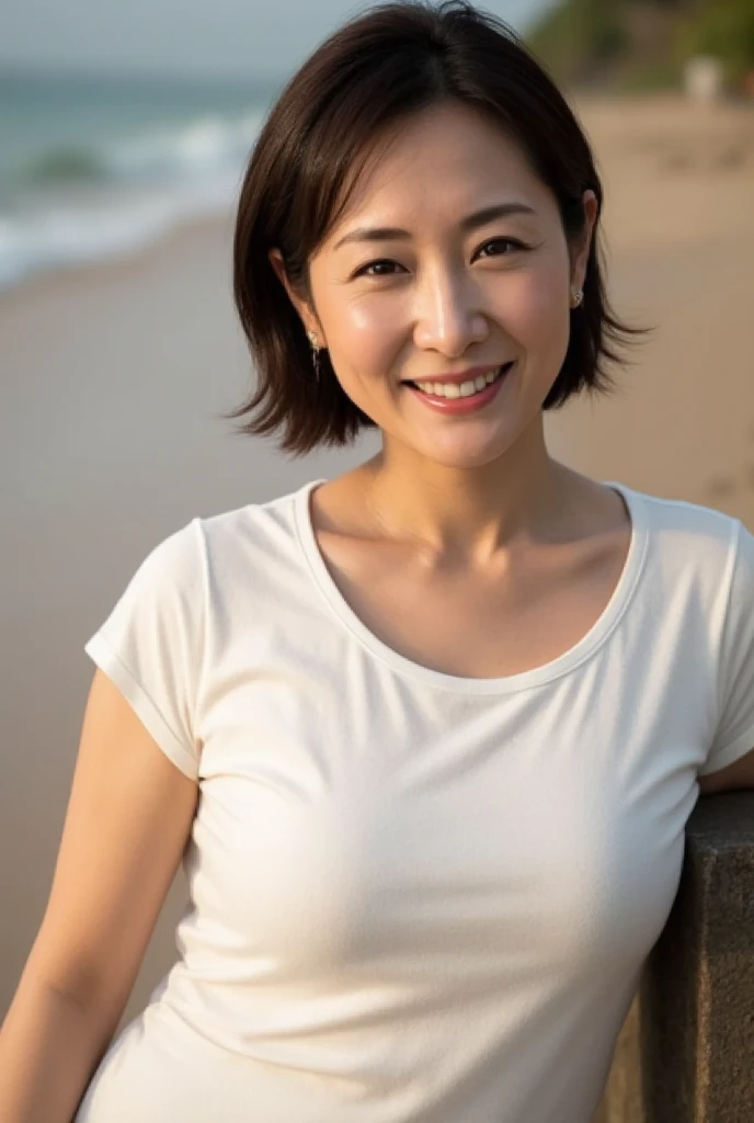 (top quality,masterpiece,ultra-detailed,photo realistic,Textured skin,beautiful skin,anatomically correct:1.2),(white-tshirts),(no makeup),(detailed eyes),(upperbody shot:1.2),(45 years old),(Japanese mature woman),Natural eyebrows,flat lighting,((1 girl)),smile