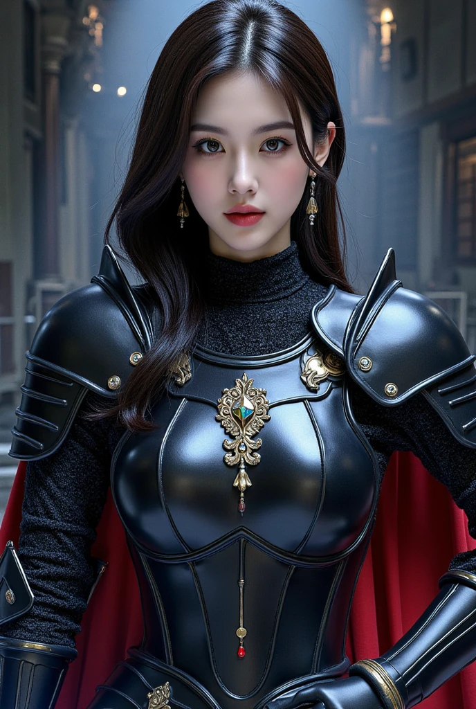 Masterpiece, Best quality, high resolution, 8K, Portrait, Realistic photo,( Combine clothing with Korean fashion design),Digital photography, full bodyesbian, 1 16-year-old girl, (Cyborg), Beautiful blue-gray gradient long hair, Blue eyes, Intricate, elegant, Highly detailed, The crown of evil, Black dress, ,Silver metal exoskeleton armor, Intricate knightly hollow armor,power armour, Openwork design, mechanical structure, Photo pose, Solemn,, Red lips, From the movie《Final Fantasy XV》.Metallic texture, oc rendered,Reflective texture, ((Clothing cutting)), ((Set against the backdrop of the castle and the huge Moster))