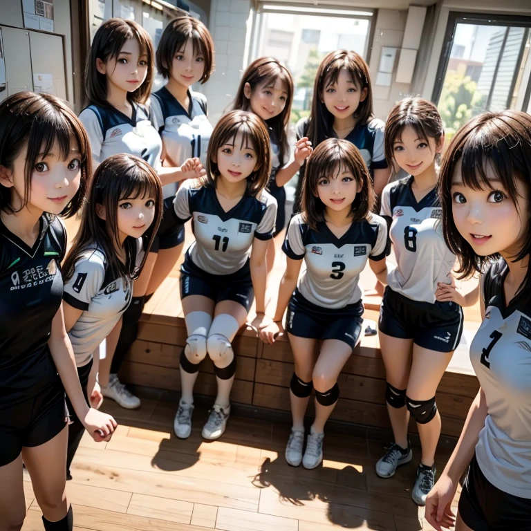 ((masterpiece)), ((Highest quality)), (Super detailed), ((Very detailed)), 4K, (8K), Highest quality, (beautiful), figure, Anime Style, Monochrome, grayscale, Genuineistic, Genuine, Dynamic Angle, Upper Body, Thick outline, Clear contours, Full Body Focus, In the classroom, (Three Girls, Three cute girls), Gym Shorts, beautiful light brown hair, beautiful brown eyes, ((beautiful eyes)), short hair, Large Breasts, A light smile, Shine, Shine
