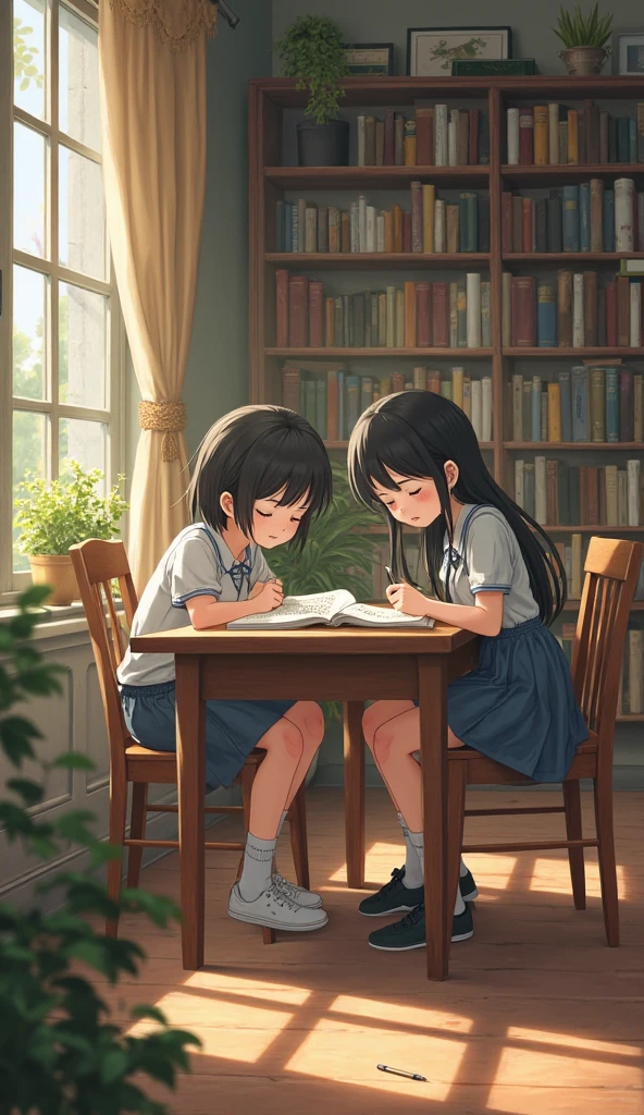 (Extremely detailed CG unity 8k wallpaper,masterpiece, best quality, Extremely detailed),School classroom settings,Sunlight through the trees,a beautiful blonde high school girl with pigtails and curly hair(D cup),in her hand,Fiddling with her smartphone,Beautiful brunette high school girl,Thin and flat-chested, Wearing a sailor suit,sit on the chair,and chatting with the blonde girl sitting at the table,night.