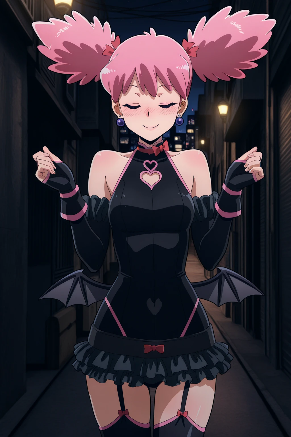 A pink haired female reaper with violet eyes and an hourglass figure is sitting on a tombstone with a big grin