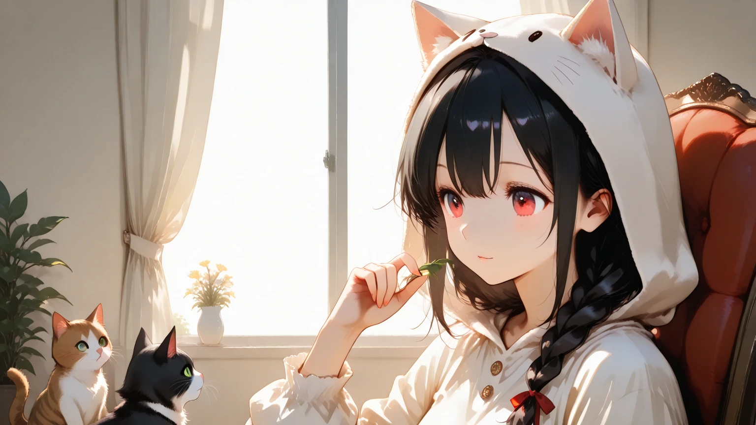 anime girl eating a slice of watermelon with a cat nearby, cute detailed artwork, cute art style, material is!!! watermelon!!!, anime illustration, by Yang J, cute anime, adorable digital painting, anime visual of a cute girl, anime visual of a cute cat, cute anime catgirl, anime style illustration, cute artwork, anime picture, by Kubisi art