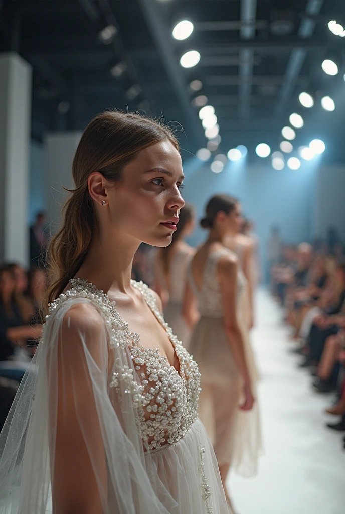 (photorealism:1.2), (full body shot:1.9) Beautiful, stunning, gorgeous, stunning woman, brown hair, green eyes, slender legs, soft features, muse, goddess, realistic skin, extremely detailed full body shot of a strikingly stunning woman, off-shoulder pleated dress, fashion show