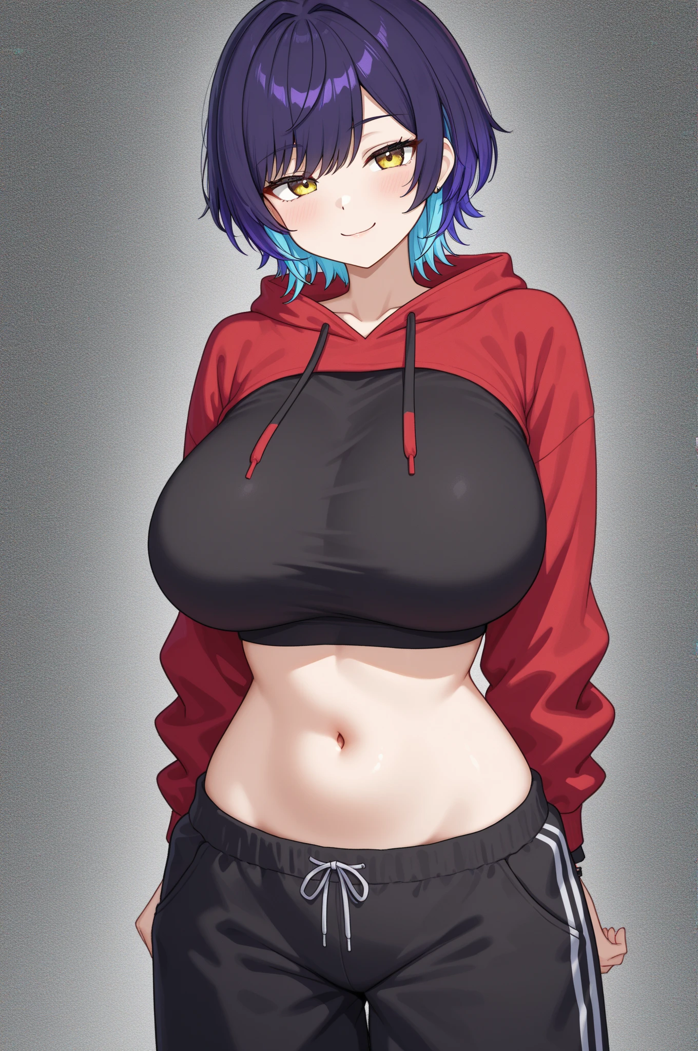 girl,curvy,(from avobe),short hair,bob cut,dark red hair,ligut blue eye,large breasts,black hoodie,(hoodie lift),(nsfw),(embarrassed),upper body,simple background