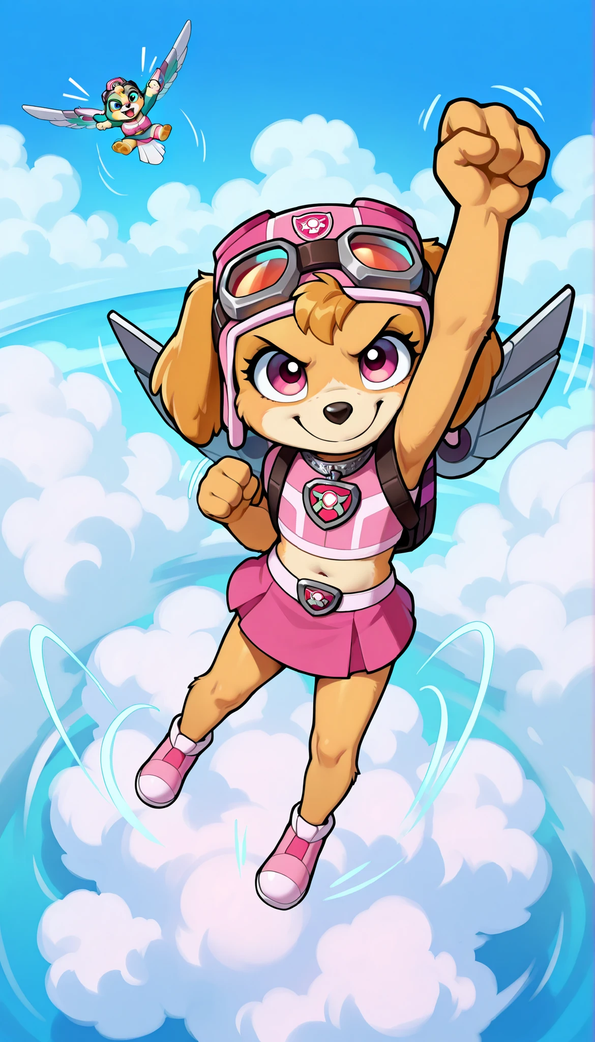score_9, score_8_up, score_8, 1girl, source_cartoon, source_furry, skyepp, dog, furry, toddler, skye, paw patrol, cute face, 4 fingers, ((goggles, pink pilot hat, Skye collar, pink top, midriff, pink mini skirt)), clear sky on background, clouds, confident face, skinny, thin body, full body, feets with three toes, flying with mechanical wings on backpack, fly pose, one arm up, high angle view, bird eye view, motion lines, angry, smile, floating, fly effect,