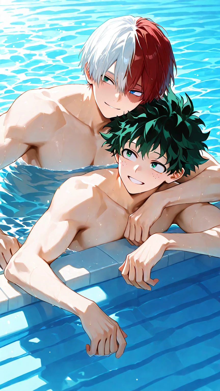 2 boys ,green hair ,red eyes ,swim trunks ,shirtless ,high quality ,masterpiece ,beach ,kissing ,night