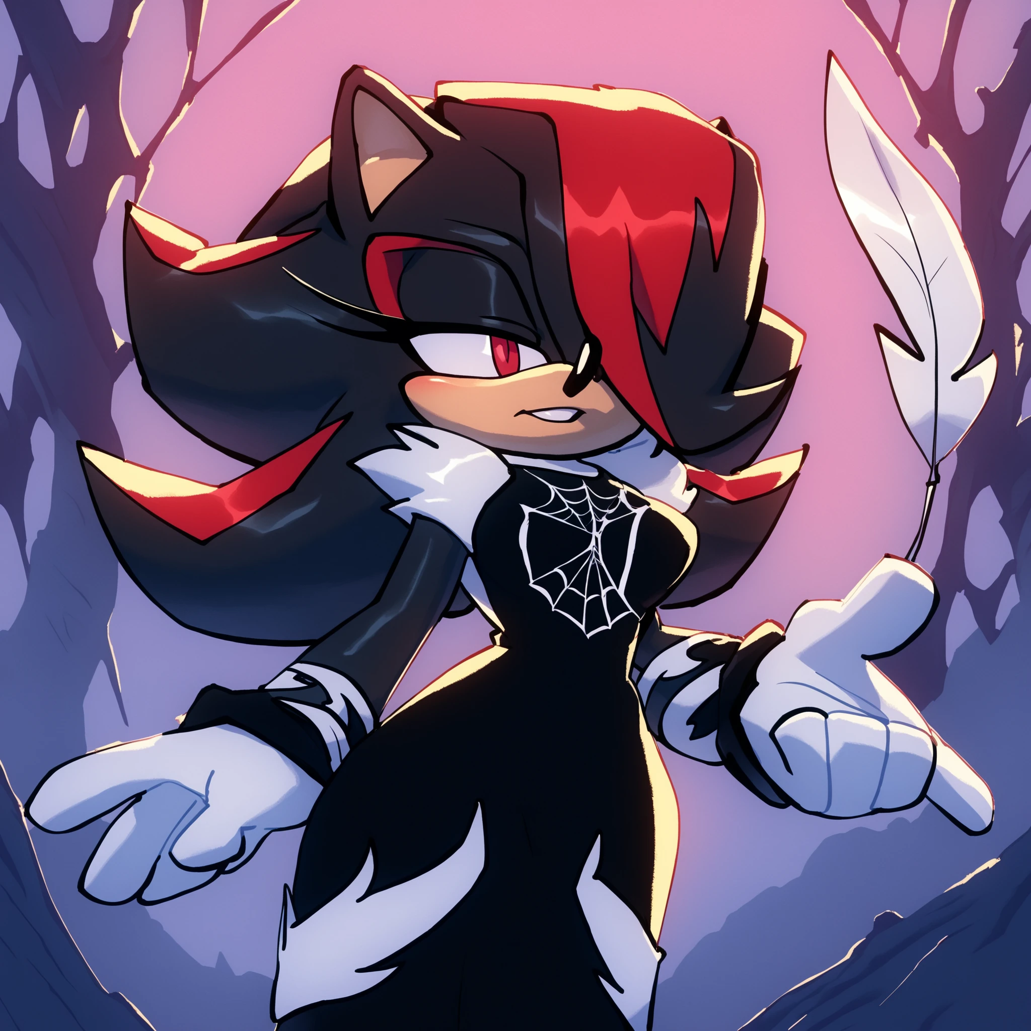 Sonic the Hedgehog Style Image, Shadow the Hedgehog feminina, All black body, chalkboard, wearing a red sheath dress with a sweetheart neckline and using her cell phone, With Boredom Humor, inside a house