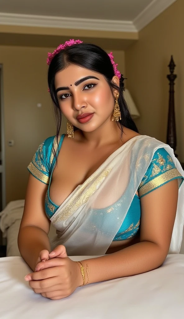 1 Heavenly beautiful and goddess beauty cute and sweet looking face Arabian woman in Kovalam Beach, Heavenly beautiful Overweight, Heavenly beautiful Extremely fat, Heavenly beautiful and attractive Chubby figure , Heavenly beautiful looking and eye catching luxury style traditional Indian saree , reaching out, Heavenly beautiful Arabian woman, 16k, High resolution, masterpiece, highest quality, fine skin, outside view, Realistic Photograph, close up figure view