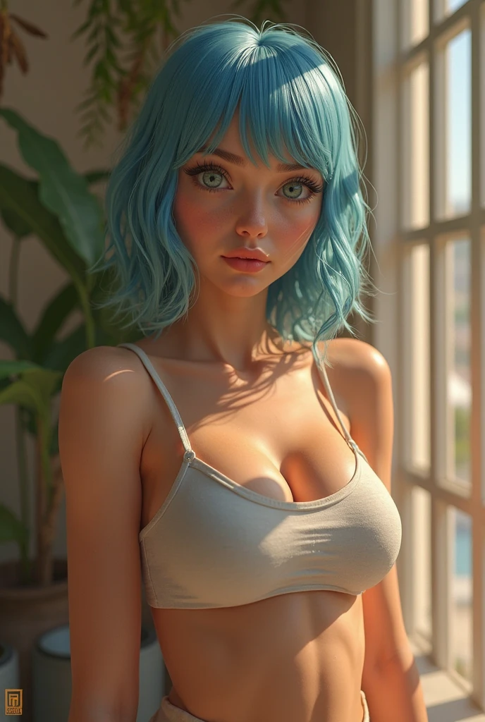 A full body of a Photorealistic of a fabulous, petite, 26-year-olf colossal breasted woman in a playful, quirky, huge, colossal breasts, smirking, snarky, youthful expression for a Smallville show photo. She looks 26 and 5'2": European, full body, dressed in a sexy low-cut ice-blue dress, with (flat, athletic, well-muscled). Heavy artistic eyeliner. Tasteful natural makeup. full body. Sleek orange hair is Asian-textured, extremely asymmetrical, in a messy futuristic city long hair with tons of jewelry. full body photo