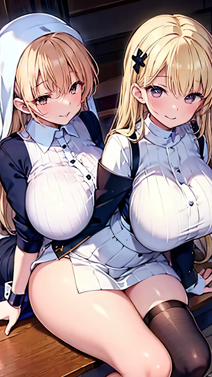 ((masterpiece)), ((best quality)), (ultra detailed:1.2),full body,((milf with gold hair)), two side up,(hair intakes), ((gigantic breasts,Long breasts)), curvy, gleaming skin,heavy breating, paizuri invitation,no bra, (((wearing micro bikini))),maid apron,black pantyhose, panties under pantyhose ,window,nighttime scene,sea,hotel room,on the bed