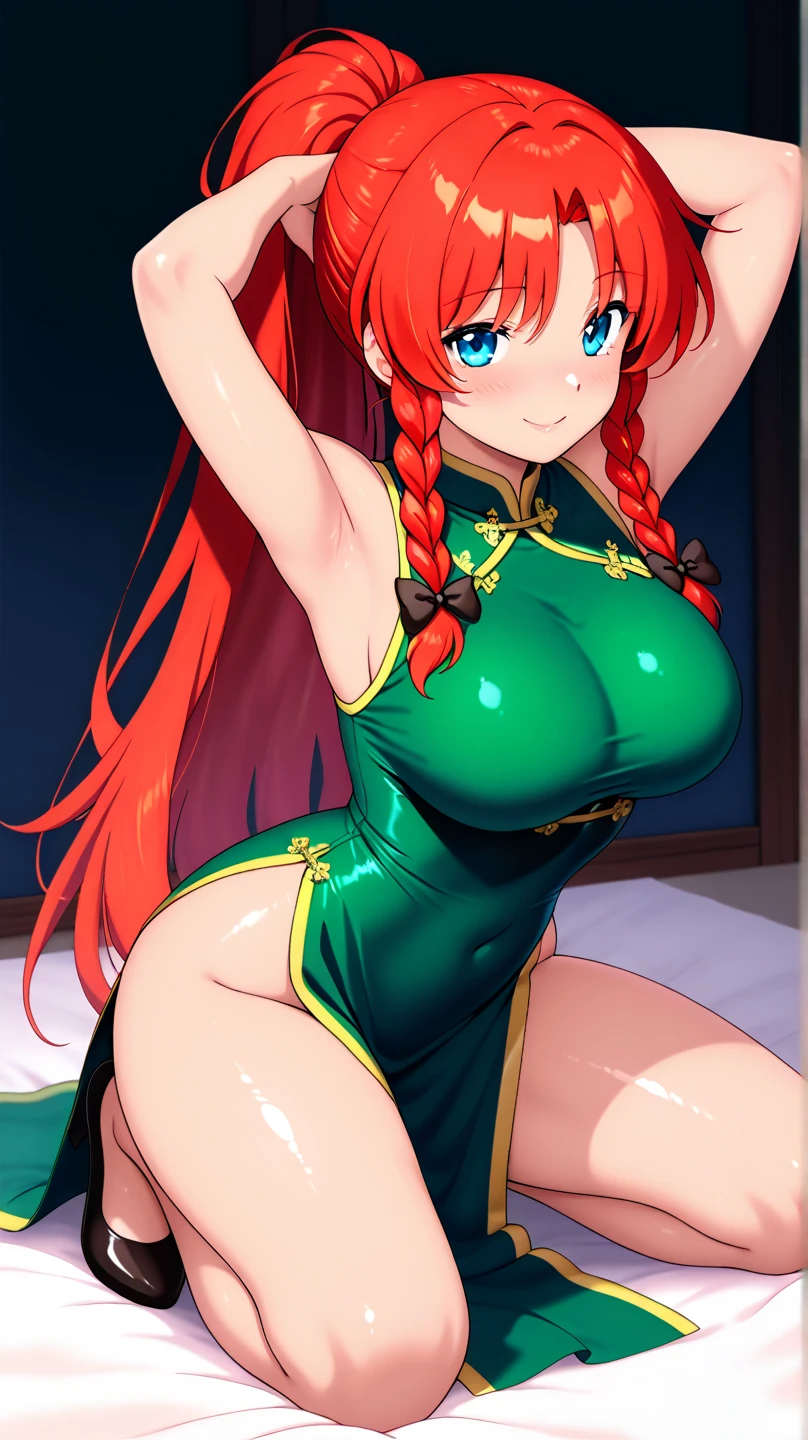 best quality, uzumaki_kushina,hair_ornament, china dress, 1girl, solo, long_hair, breasts, blush, large_breasts, ribbon, cleavage, hair_ribbon, red_hair, two_side_up, standing,<lora:epiNoiseoffset_v2Pynoise:1>