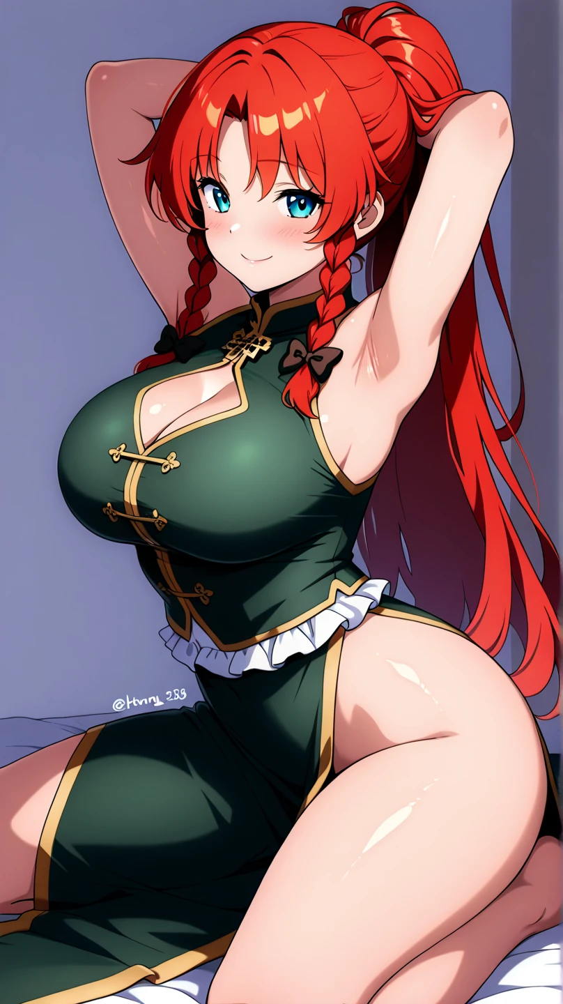 (masterpiece, best quality),best quality, best resolution, (ultra-detailed), (3heads:1.5), 1girl, (hong meiling:1.3), masterpiece, best quality, green top, crop top, ((stomach)), midriff, ((groin)), green skirt, miniskirt, normal ears, shackles, red hair, very long hair, wavy hair, sidelocks, blue eyes, parted lips, single horn, sweat, cute, toned belly, hand on own chest, eyelashes, (24 year old woman:1.3), (masterpiece:1.5), (best quality:1.5), (beautiful detailed), extremely detailed CG, extremely delicate and beautiful, depth of field, (finely detailed face), (perfect details:1.2), (mature female:1.3), wide pelvis, slender, large veiny breast, 8k resolution, high quality, high definition, extremely detailed, masterpiece, red hair, long hair, alluring presence, twin braid, short skirt, close up, big tits, young, striped, green beret, hair ornament, chinese clothes, star hat ornament,