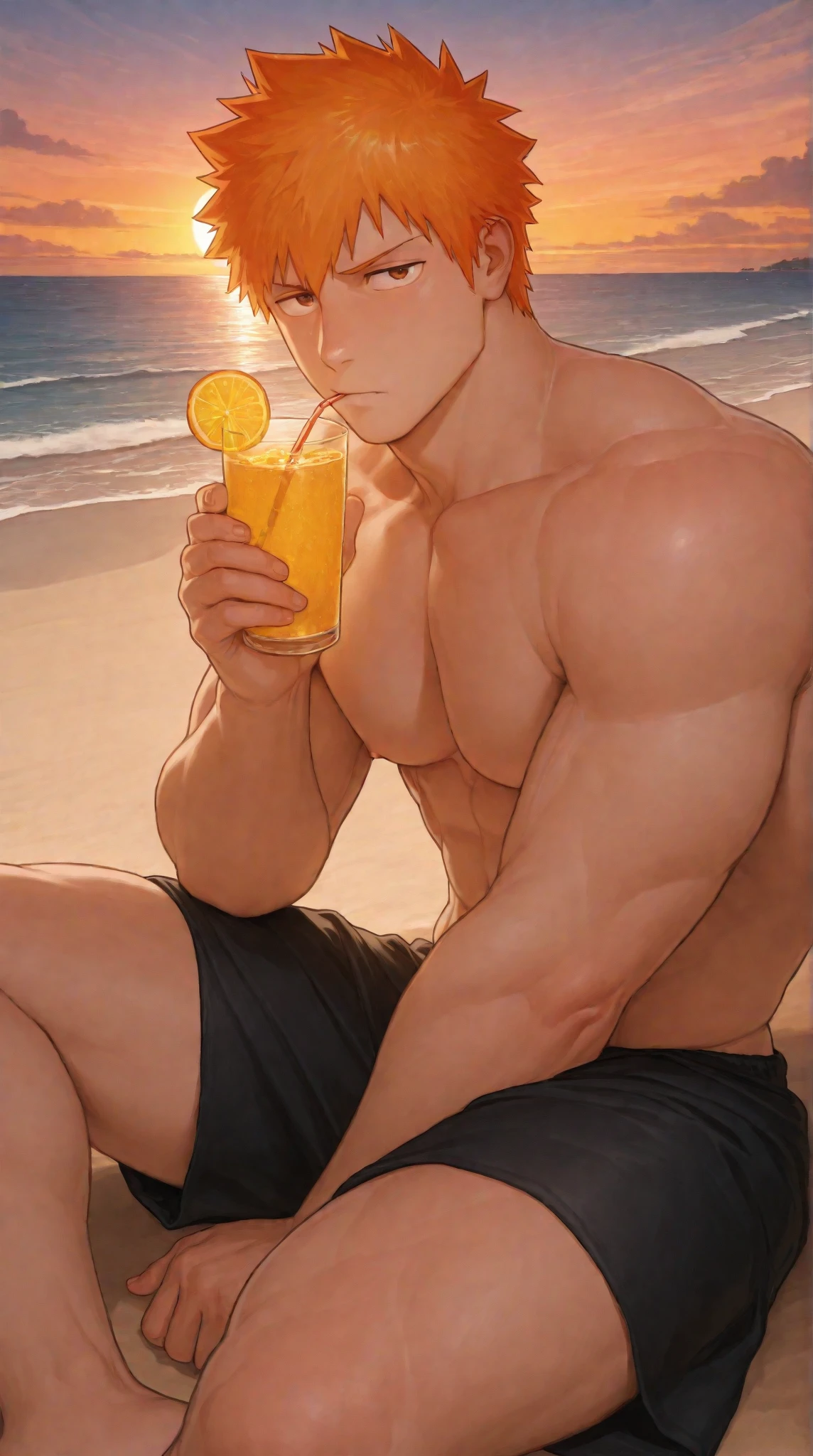 1 male, high resolution 8k, adult, handsome, perfect face detail, detailed eyes and face, clean shaved, sixpack realistic, white eyebrow hair, white eyelashes, dynamic lighting, unreal engine, hd picture, satoru gojo, Jujutsu kaisen, white hair, short hair ,hair between eyes ,blue eyes, white skin, trunks, Hold the orange juice drink, Sunglasses 