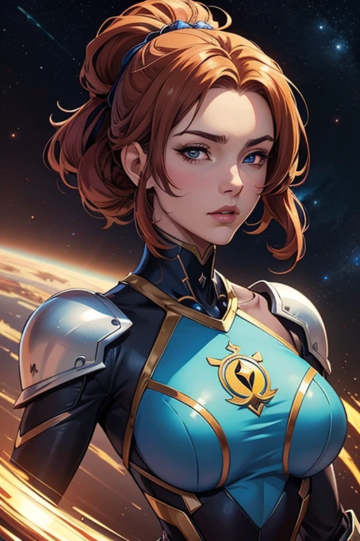 PM, (Blue latex suit:1), Golden Fringe Shorthair, Light brown eyes, 1girl in, 20yr old, Innocence, (Photorealsitic), (intricate-detail:1.2),(masterpiece, :1.3),(top-quality:1.4), (超A high resolution:1.2), 超A high resolution, (A detailed eye), (detailed facial features), nffsw, 8K分辨率, (lensflare:0.7),