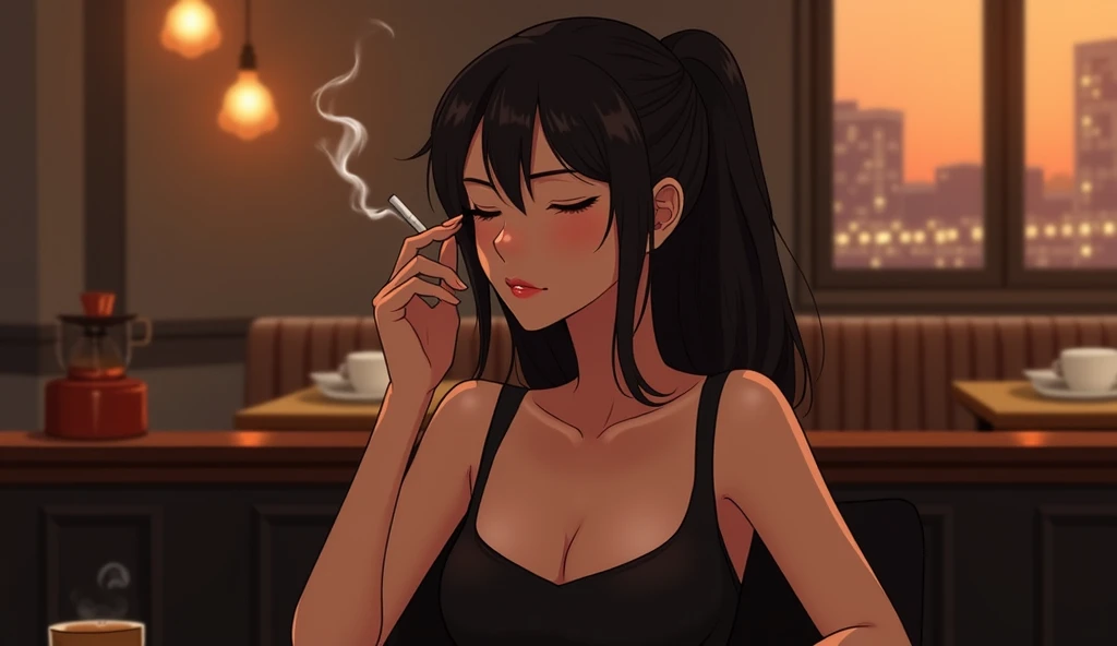 rating_explicit, beautyful mature japanese woman, slim body, slender body,big long fringe black hair, black lipstick, pink panties, milf, black chocker, sit in bed, drinking coffee, bored, close up