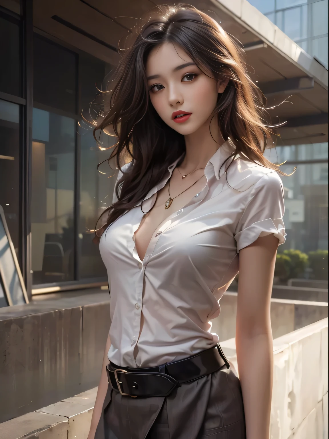 (photorealistic:1.6),(High resolution:1.6),(solo, one woman:1.5),(cool woman),(Japanese:1.3),(Light-brown hair:1.3),(curly long hairstyle:1.1),chuuChloe,(smile:1.5),(glimpse panties),(Lifted Skirt:1.5),(Girl showing panties:1.4),(Simple Bracelet),(Simple necklace),(black panties:1.3),(formal style clothes),(concrete wall:1.5),(natural makeup:1.4),(mid skirt:1.4),(tight blouse:1.3),(Big Saggy breasts:1.3),(Neat and clean woman:1.2),(Mature woman:1.5),(Slender body:1.2)