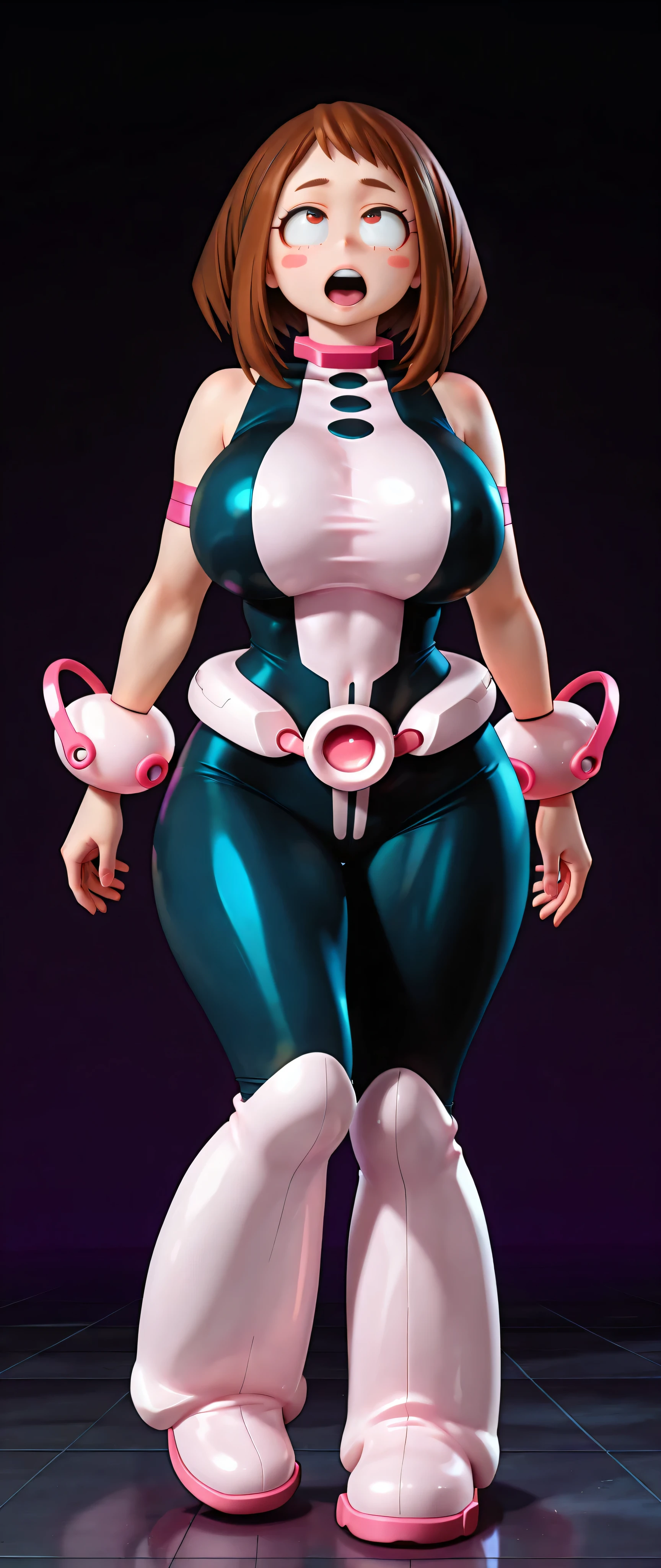 HD, 4k. A girl, uraraka ochako, walks alone, with clearly defined sensuality . (dark background), Superhero, heroine costume, Pink belt, pink bracelets , pink boots, full body, (hyper-detailed face), urarak4, Brown hair, short hair, brown eyes, pretty blush stickers, looking at the spectator. huge breasts, narrow waist, wide hips. Ahegao