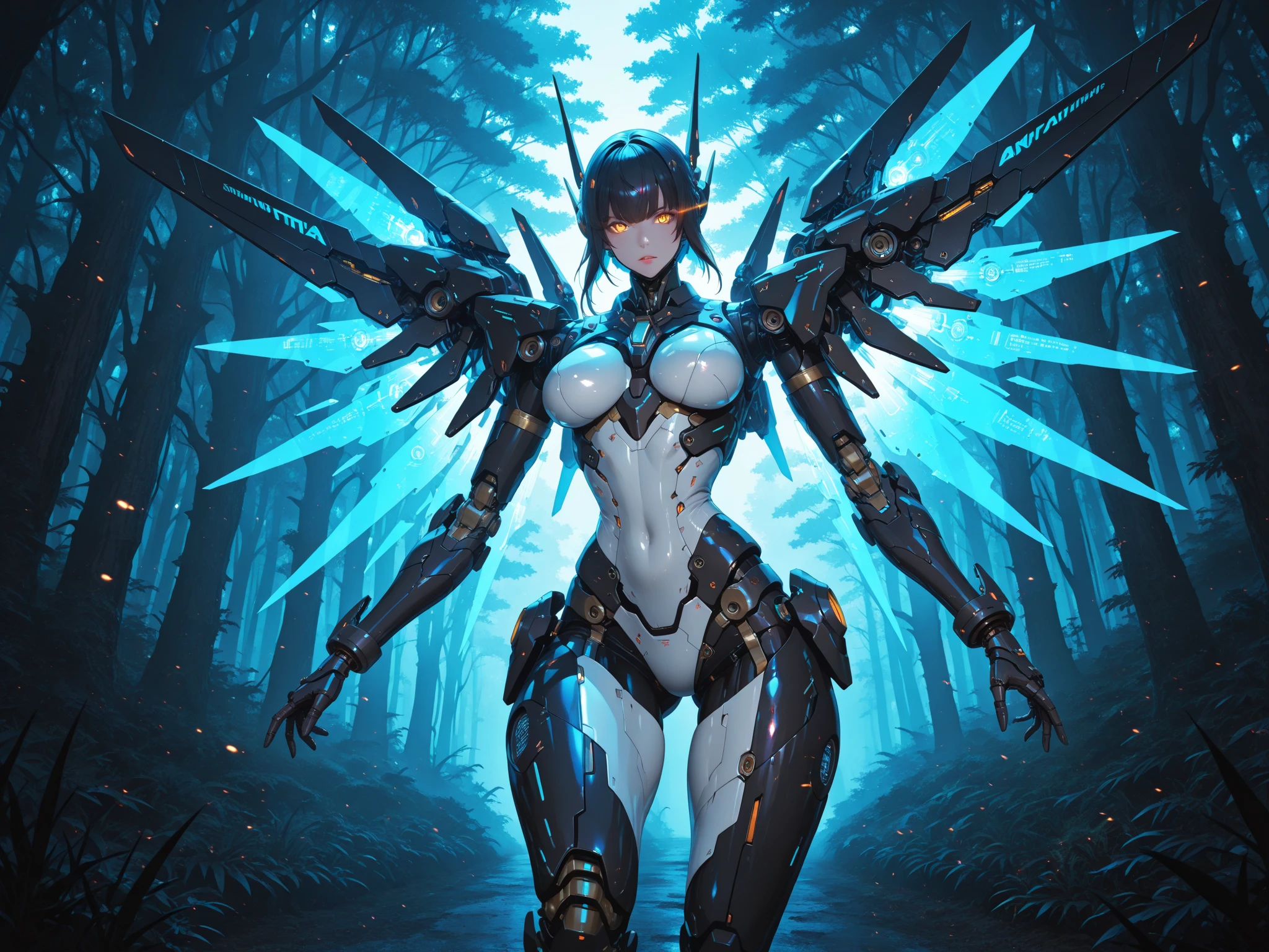 a picture of  a female angel mecha girl, walking in a fantasy urban street at night, full body, an extremely beautiful female mecha angel, dynamic angle (ultra detailed, Masterpiece, best quality), ultra detailed face (ultra detailed, Masterpiece, best quality), ultra feminine,  black hair, short hair, dynamic eyes color, angel_wings spread white angelic mechanical wings, (wearing silver and black armor: 1.4), blue cloak, fantasysword armed with sword  walking in a fantasy setting street, night time, red moon, stars  high details, best quality, 16k, [ultra detailed], masterpiece, best quality, (ultra detailed), full body, ultra wide shot, photorealism, fantasy art, RPG art
