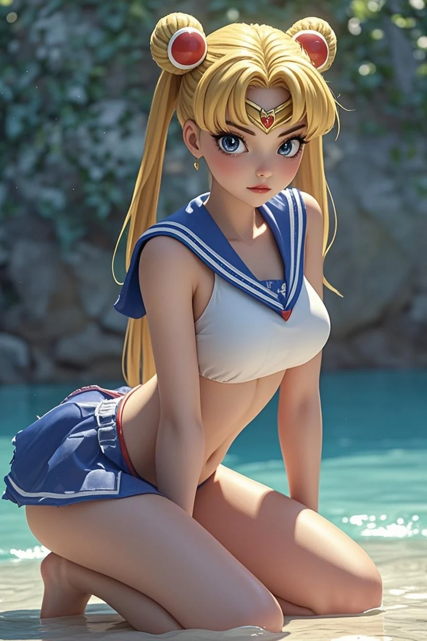 1 lady, HD quality, anime, solo, cowboy shot, (sitting with hands back:1.3), (open legs to limit:1.3), (with one knee up:1.3), (showing  pubic area:1.6), (under boob:1.5), (Large breasts), (cleavage), (shiny white skin), (ahegao:), (orgasm:), smiling, (thin thighs:1.5),(Sailor uniform only for the upper body:1.5), (Crop Top sheer  white shirt:1.5), (sleeveless:1.6), without brassiere, (sheer white tiny micro thong:1.5), poolside, (Green eyes, detailed eyes), blue sailor collar, high-heeled shoes, red ribbon tie