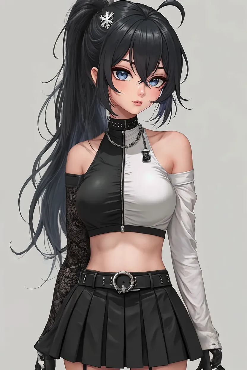 Photograph of the upper body of a beautiful woman,  , big breasts), (small waist, perfect body), Sharp focus, (tall body, mature woman), ((Looking ahead)), (Highly detailed skin, hair follicles:1.4,) (long ponytail hairstyle, blue eyes) , (black t-shirt:1.47),(green pants),chain , There are tears. , Cross necklace , wearing a black leather jacket,  cross chain, city scenery , punk , night light  , high quality ,cold expression, one leather gloves , biker style 