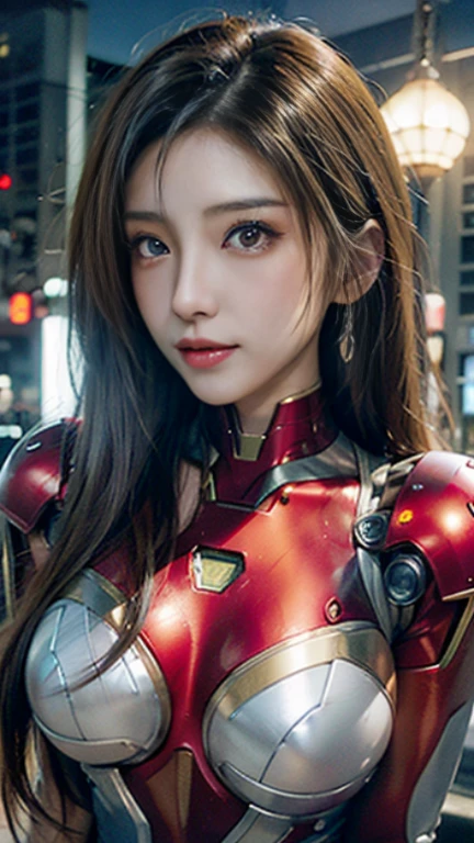 (1girll:1.3), 独奏,__Body parts__, offcial art, 统一 8k 壁纸, ultra - detailed, Beautiful and aesthetic, big breasts beautiful, tmasterpiece, Best quality at best, primitive，tmasterpiece，ultra fine photos，covered all over the body，full body armored，Mechanical armor，Iron Man armor，sportrait，cleavage，Close-up close-up，best qualtiy，超高分辨率，Photoreality，rays of sunshine，full-body portraits，stunningly beautiful，，dynamicposes，delicated face，Vibrant eyes，（seen from the side），She wears a futuristic Iron Man mech，Red and gold color scheme，Very detailed abandoned warehouse background，detailed face with，Detailed and complex busy background，Untidy，opulent，milkyW，Highly detailed skin，Realistic details of skin，Visible Pore，tack sharp focus，volume fog，8K  UHD，digital SLR camera，high qulity，filmgrain，White skin of the，photo-realism，DL，Huge metropolis in a dystopia of the future , look from down, semi transparent