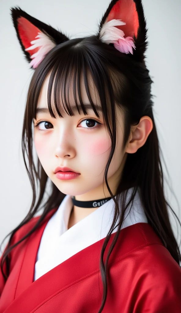 ((Highest quality, 8k, )), beauty, 1 Japanese girl, Black Hair, 18-year-old, Blunt bangs, Lower ponytail, Face Focus, Detailed face, Highly detailed lips, Beautiful Eyes, double eyelid, Sweaty skin: 1.2, Shrine maiden dressing, Shrine maiden, Red too,