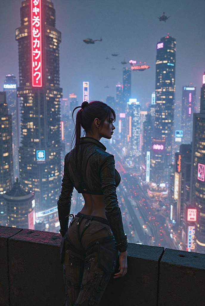 (Wide angle view). Blade Runner style futuristic city, simple outlined transparent neon tall buildings, glowing giant clock tower, flying cars, helicopter, lightning, 3D rendering Beeple. At night, (1girl, solo, alone), photorealistic, medium-breast slim:0.6 body, oval:0.6 face, cleavage:1.1, sexy black laced bra, glove, deep-V, (very low angle view of miniskirt), white laced panty, coat, (Matrix style black micro sunglasses), ((aiming viewer with a short gun)), (running pose), (half-body thigh level close-up shot), cinematic lighting, ray tracing.